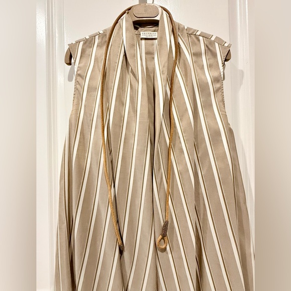 BRUNELLO CUCINELLI Striped silk top (open front) w leather belt Dark Beige Small - Picture 6 of 11